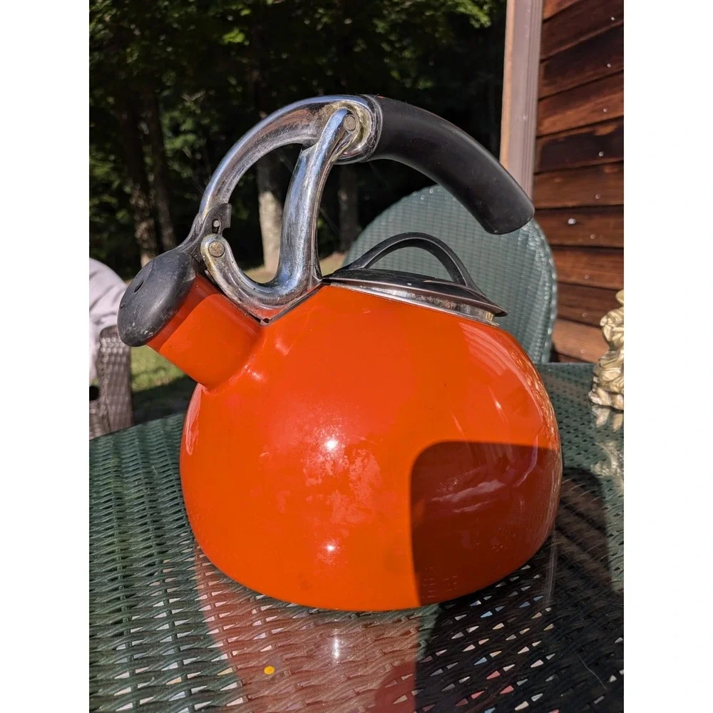 OXO Good Grips Uplift Rare Orange Enamel Steel Whistling Stovetop Tea Kettle Vtg